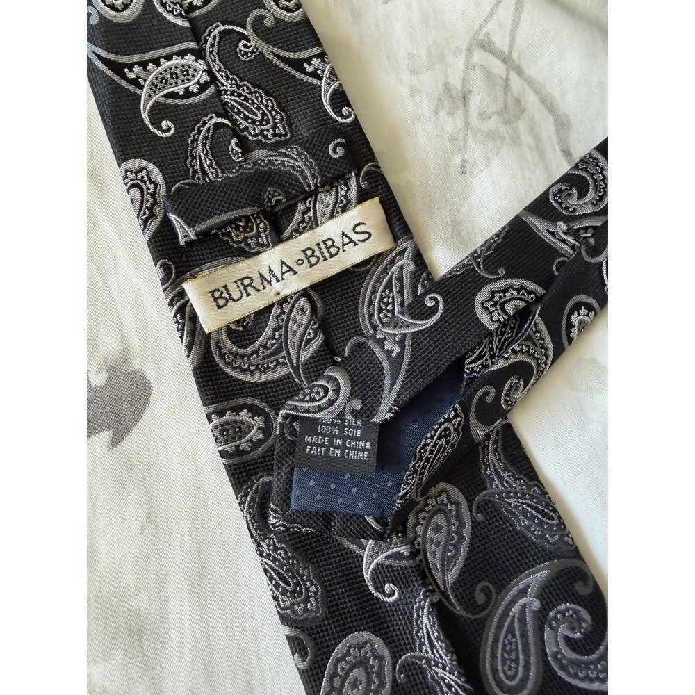 Burma Bibas 7 Seven Fold Black Silver Woven Paisley Jacquard 100% Silk Tie